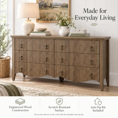 6-Drawer Fluted Dresser, 52" Wide Double Chest of Drawers,Light Oak, view 7
