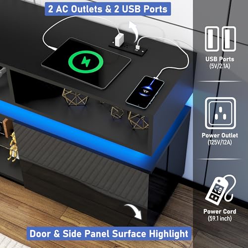 LED TV Stand for 80 Inch TV, Modern Tall Entertainment Center with Power Outlets, High Gloss TV Stand, Gaming TV Media Console with Glass Shelf for Living Room, 71 Inch, Black