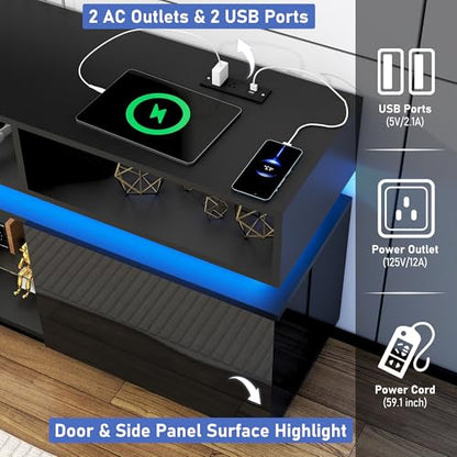 LED TV Stand for 80 Inch TV, Modern Tall Entertainment Center with Power Outlets, High Gloss TV Stand, Gaming TV Media Console with Glass Shelf for Living Room, 71 Inch, Black