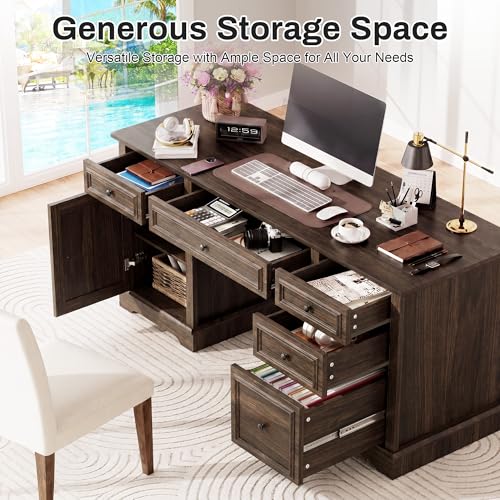 60" Farmhouse Executive Office Desk with Drawers and File Cabinet, view 4
