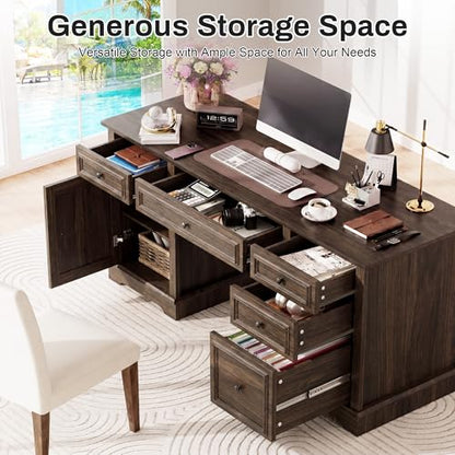 60" Farmhouse Executive Office Desk with Drawers and File Cabinet, view 4
