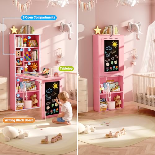 Small Folding Desk with Outlets, Convertible Writing Desk for Small Spaces/Home Office/Craft Room, Multi-Function Desk Workstation with Blackboard, Fold-Out Cabinet Table, Pink