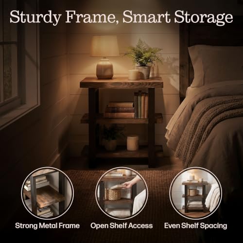 Pomona Solid Wood 3-Tier End Table, Rustic Brown, 20” | Small Side Table or Nightstand with Storage Shelf and Metal Legs, Rustic Farmhouse Chair Side Table for Living Room & Bedroom