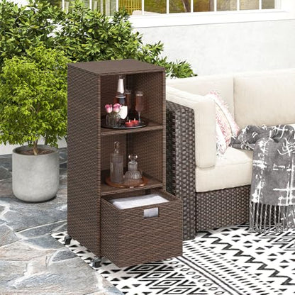 Wicker Outdoor Storage Cabinet - Rattan Pool Towel Rack on Wheels w/Shelves and Drawer, Tall Patio Furniture Outside Caddy Organizer for Porch Deck, Garden Tool & Hot Tub Accessory Storage