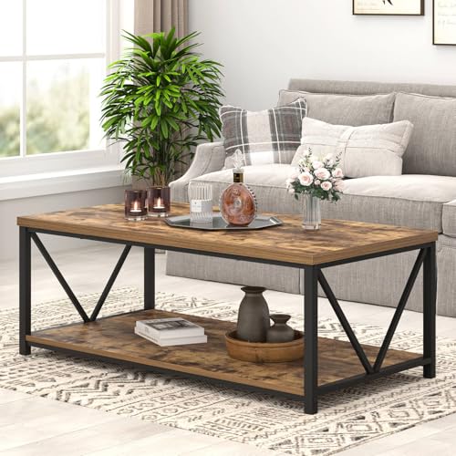 Modern Coffee Table, Rustic Wood and Metal Living Room Table with Storage Shelf, Industrial Rectangle Center Table, 47 Inch Brown