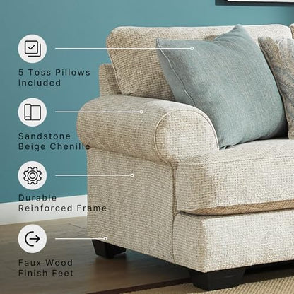 Signature Design by Ashley Monaghan Vintage Loveseat with Accent Pillows, Reversible Cushions and Rolled Arms, Beige