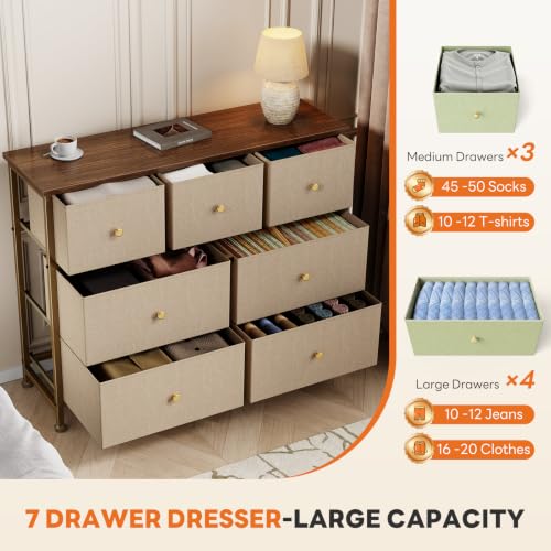 7 Drawer Dresser for Bedroom Storage with Fabric Bins, Khaki, view 6