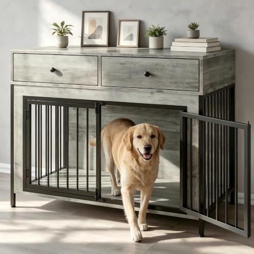 Large Dog Crate Furniture Wooden Dog Kennel Furniture with 2 Drawers, Grey, view 2