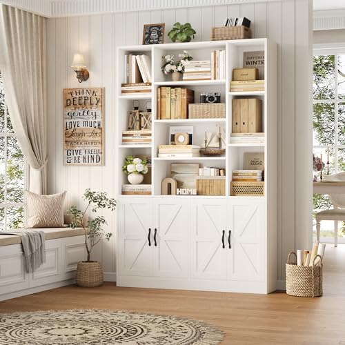 72" Tall Bookshelf, Large Farmhouse Bookcase with Storage, White, view 3