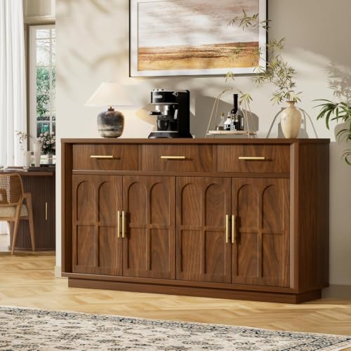 59" Sideboard Buffet Cabinet, 3 Drawers, 4 Doors, Walnut, view 2