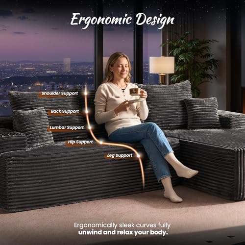 104" Cloud Boneless Couch with Glitter Fabric, Moudular Sectional Sofa with Deep Seat, No Assembly Required, Modern Minimalist L Shaped Couches with Chaise for Living Room, Grey