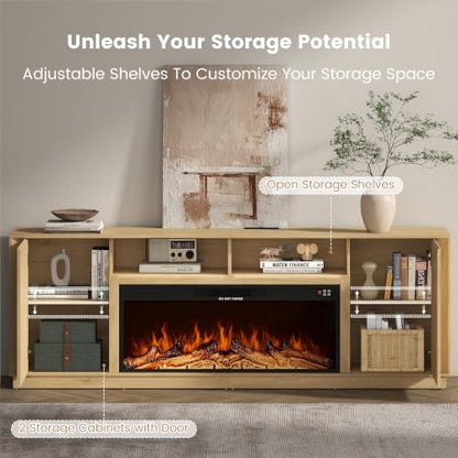 80" Fireplace TV Stand for 90" TV, Fluted Arched Entertainment Center, Oak, view 6