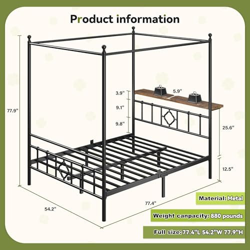 Full Size Canopy Bed Frame with Storage Headboard,Noise-Free,Black, view 3