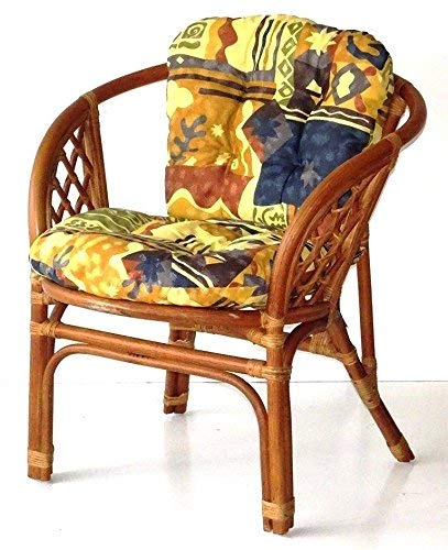 Lounge Set of 3: 2 Natural Rattan Wicker Bahama Armchairs with Cushion and Round Coffee Table Handmade Tropical Style, Cognac