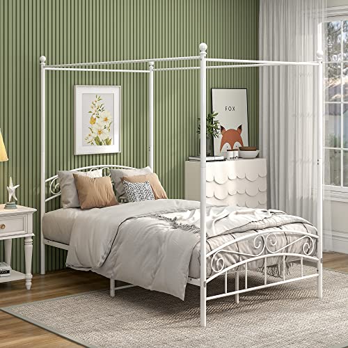 Metal Canopy Bed Frame Four-Poster, Full, White, view 2