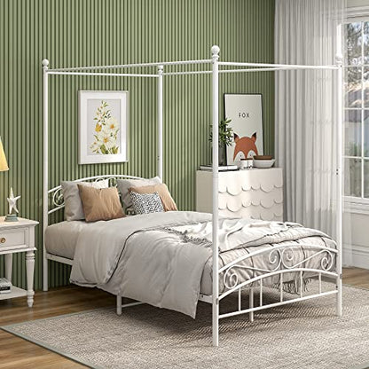 Metal Canopy Bed Frame Four-Poster, Full, White, view 2