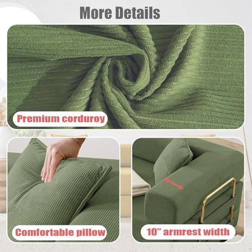 Convertible Folding Sofa Bed, Modern Futon Sleeper Sofa Fold Out Couch Bed with Gold Fixed Frame, Modular Floor Sofas Comfy Corduroy Boneless Couches for Living Room (78" Green)