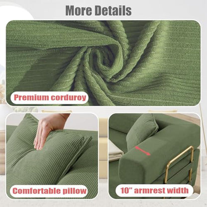Convertible Folding Sofa Bed, Modern Futon Sleeper Sofa Fold Out Couch Bed with Gold Fixed Frame, Modular Floor Sofas Comfy Corduroy Boneless Couches for Living Room (78" Green)