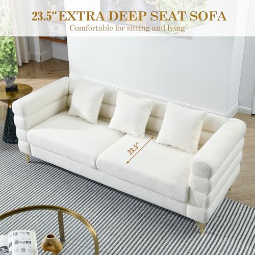 Modern Sofa Couch, 81" W Teddy Bouclé Oversized Loveseat Cloud Sofa, Upholstered Tufted Comfy Deep Seat Couch with Gold Legs & Pillows for Living Room, Bedroom, Office, Apartment((3 Seater, White)