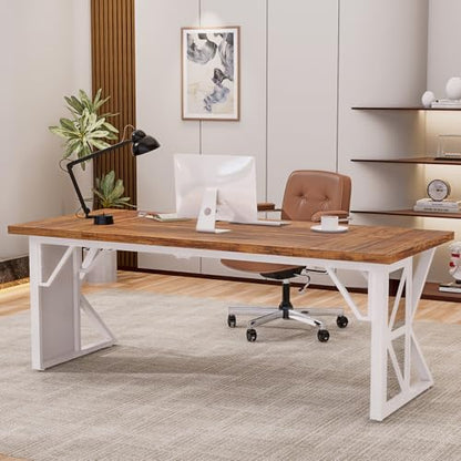 70.8" Executive Office Desk, Large Heavy-Duty Computer Desk for Home Office, Modern Writing Workstation with Rustic Brown Tabletop and White Metal Frame