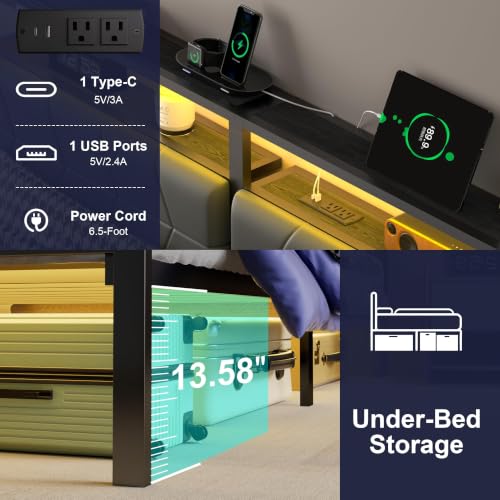 Queen Bed Frame with LED Lights & Charging Station, view 6