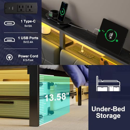 Queen Bed Frame with LED Lights & Charging Station, view 6
