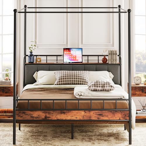 Queen Canopy Bed Frame, Storage Headboard with Charging Station, view 2