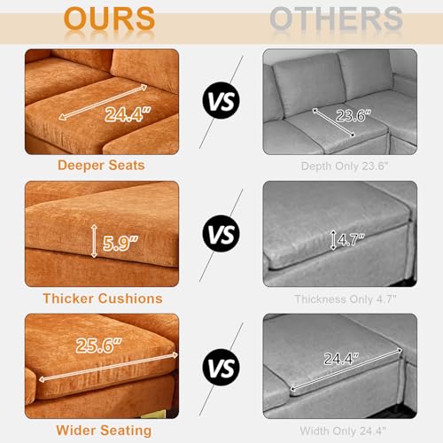 110" Sectional Couches for Living Room,U Shape Couch with Double Chaise, 4-Seat Sofa Set with Chenille Fabric for Home Furniture,Burnt Orange