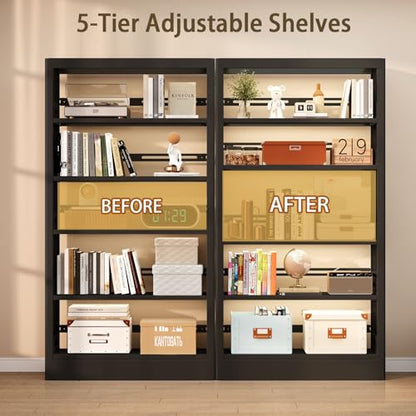 71"H Metal Bookshelf, 5 Tier Bookcase with Adjustable Shelves, Tall Bookcase,Heavy Duty Storage Bookshelves for Library, Office, Bedroom, Living Room, Classroom, Including Book Stopper (Black) | Bookcase