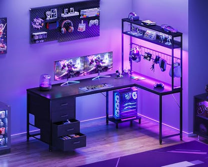 L Shaped Gaming Desk with 4 Drawers, 59" Reversible Computer Desk with Hutch and Shelves, Gamer Desk with LED Lights, Power Outlets, Home Office Corner Desk with Gird Pegboard, Black