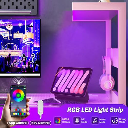 48 Inch Gaming Computer Desk with Led Lights, Small Desk with Storage Shelves and Drawers, Reversible Compact Gamer Table for Home Office, Carbon Fiber Pink