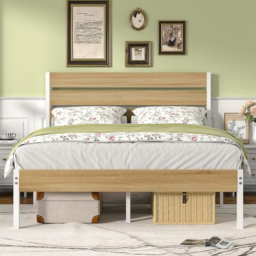 Queen Size Bed Frame, Heavy-Duty Metal Platform with Wood Headboard, view 2