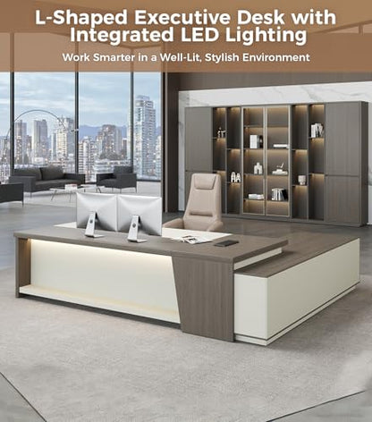 79" L-Shaped Executive Desk with Drawers, Large Modern Office Desk with Storage Shelves, LED Lighting, Built-in Outlet & USB Ports – Home Office Desk (Smoked Oak & Cream White, Left Return)
