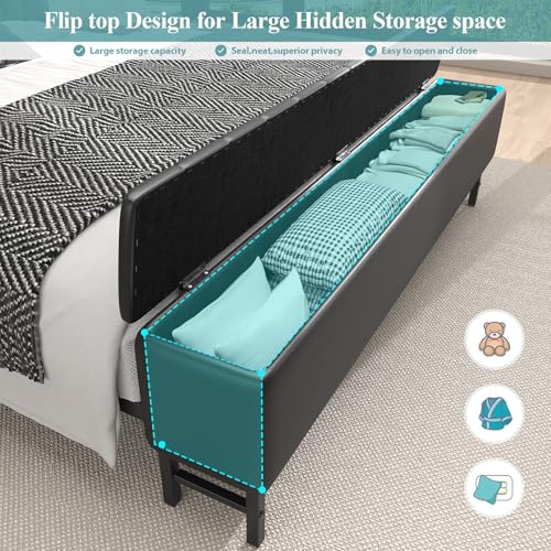 King Size Platform Bed Frame with Storage Headboard, Star Projector, Black, view 7