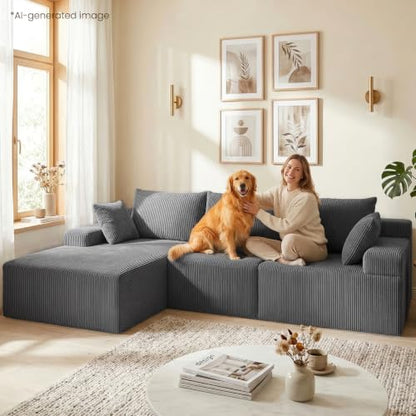108" Boneless Sectional Couch,Corduroy Cloud Couch Sectional for Living Room,Modern L Shaped Modular Sectional Couch,3 Seater Sofa (Dark Gray, 108.9" L Shaped with Left Facing Chaise)