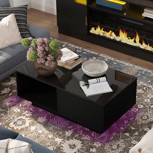 43.3IN LED Black Coffee Tables for Living Room with 16 Colors LED Lights Modern Coffee Table with Storage Drawer Rectangle Center Table for Home Furniture