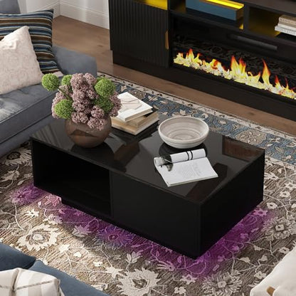 43.3IN LED Black Coffee Tables for Living Room with 16 Colors LED Lights Modern Coffee Table with Storage Drawer Rectangle Center Table for Home Furniture