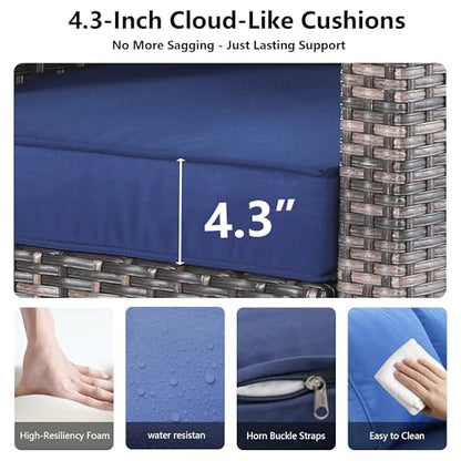 2 Piece Outdoor Patio Sofa Chairs Set, Wicker Armchairs with 4.3" Thick Cushions & High Backrests, All-Weather Rattan Porch Chairs, Patio Furniture Set for Balcony, Deck,(Blue)