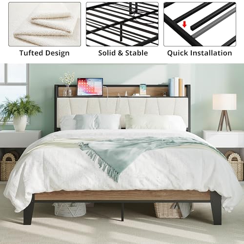Queen Bed Frames, Storage Headboard with Charging Station, Solid and Stable, view 5