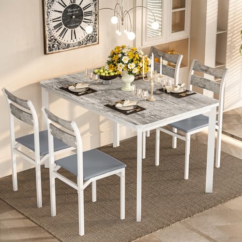 Dining Table Set for 4, 43.3" Dining Room with 4 Upholstered PU Leather Chairs, Modern Wood Table and Chairs Set, 5-Piece Dinette Breakfast Nook, Small Places, Grey