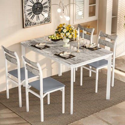 Dining Table Set for 4, 43.3" Dining Room with 4 Upholstered PU Leather Chairs, Modern Wood Table and Chairs Set, 5-Piece Dinette Breakfast Nook, Small Places, Grey