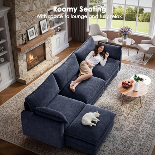 Modular Sectional Sofa 110.6" U-Shaped Modern Comfy Cloud Couch, 5-Seat Chenille Deep Seat Sofa with Throw Pillow & Movable Ottoman for Living Room, Bedroom and Apartment, Navy Blue