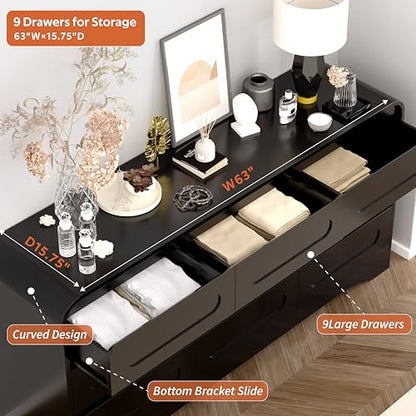 Dresser for Bedroom with 9 Drawers, 63" Large Modern Dressers, Black, view 4