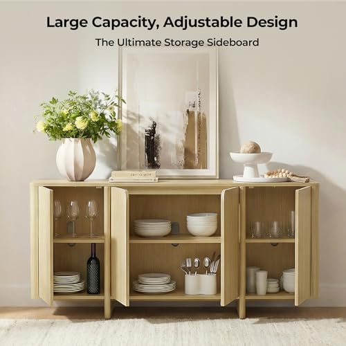 CHITA 66" Buffet Cabinet with 4 Doors & Central Vertical Panel, Light Oak, view 4