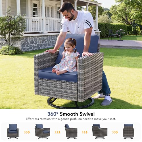Patio Furniture Set, 6 Pcs Patio Outdoor Sectional, Wicker Outdoor Couch with Swivel Chair, Ottomans, Side Table, 4" Thick Cushion, for Garden Backyard Deck,Navy Blue