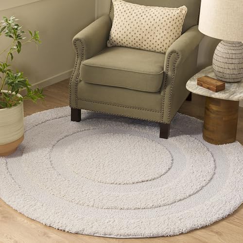 SAFAVIEH Florida Shag Collection Area Rug - 3' Round, Creme/Creme, Geometric Design, Plush 1.2 Inch Thick Ideal for High Traffic Areas in Living Room, Bedroom, Dining (SG454-1111)