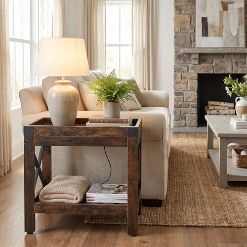Narrow End Table with Charging Station, Rustic Brown Side Table with 2 USB Ports & Power Outlets, Slim Industrial Nightstand for Small Spaces, Living Room Sofa & Bedroom