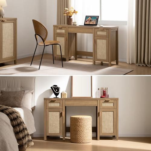 Rattan Vanity Home Office Desk 52" Vanity Table with 3 Drawers, view 6