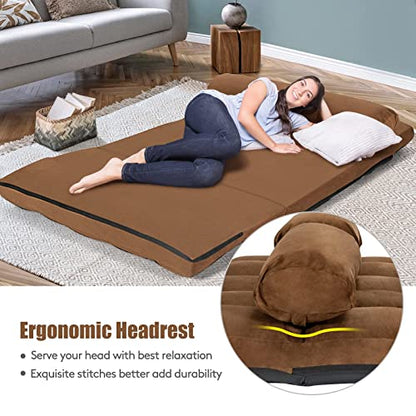 Foldable Floor Sofa, 6-Position Adjustable Lounge Couch with 2 Pillows & Suede Cloth Cover, Modern Lounge Mattress Video Gaming Lazy Couch, Suede Floor Seating Sofa, 71" x 44.5", Beige