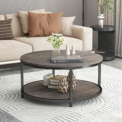 Round Coffee Table,36" Coffee Table for Living Room,2-Tier Rustic Wood Desktop with Storage Shelf Modern Design Home Furniture(Light Walnut)